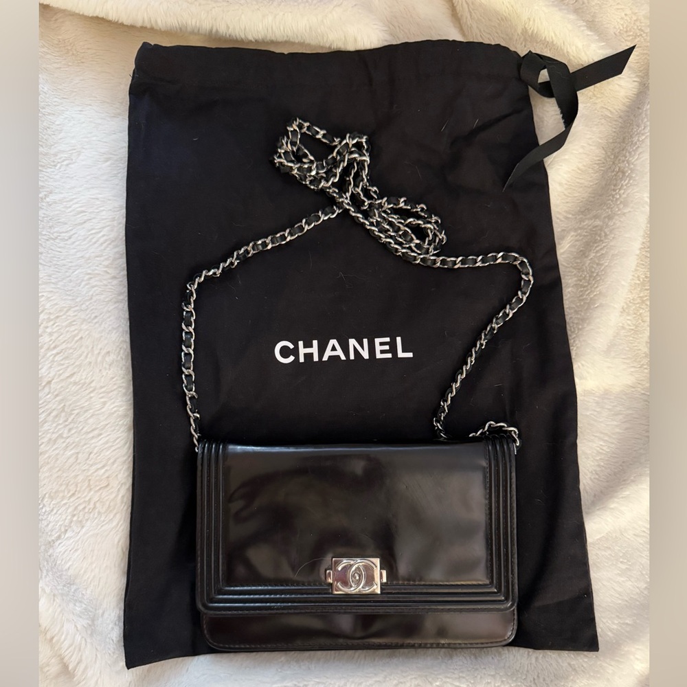 Chanel Black Glazed Calfskin Boy WOC Silver Chain/Hardware with dust cover